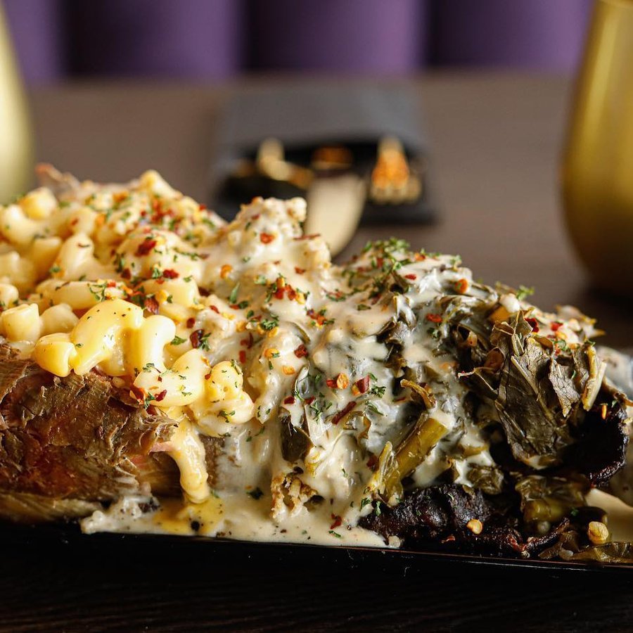 A loaded brisket-stuffed baked potato