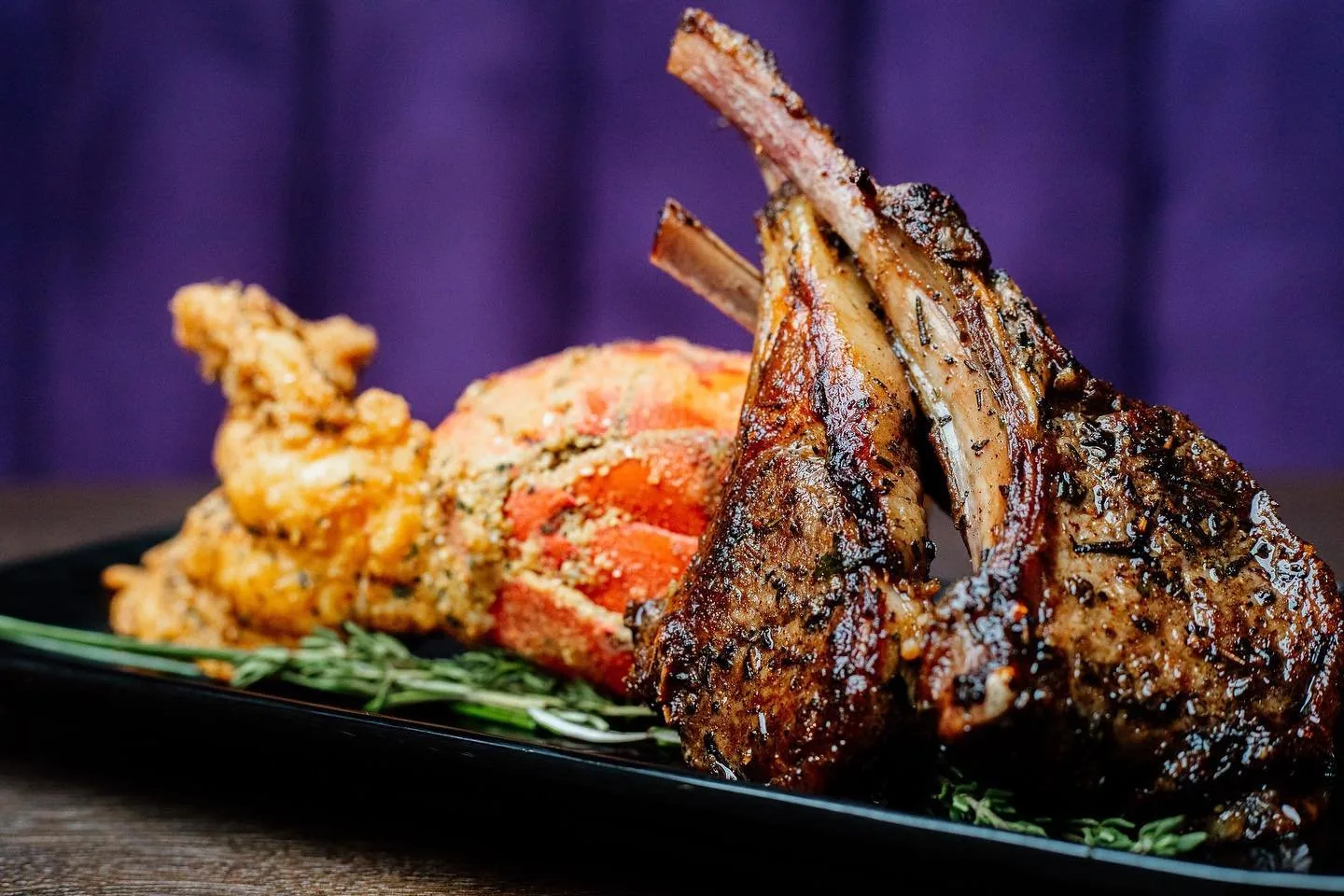 Jerk Lamb Chops with fried lobster tail and shrimp